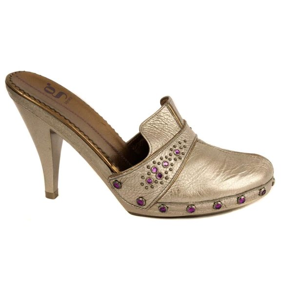 COLE HAAN G Series Metallic Pewter Leather Jeweled Accent Mule Heels - Picture 3 of 8